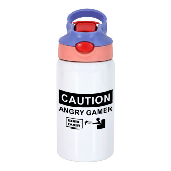 Caution, angry gamer!, Children's hot water bottle, stainless steel, with safety straw, pink/purple (350ml)