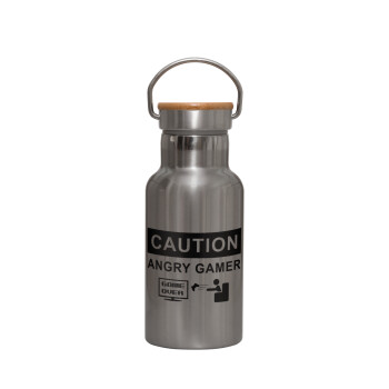 Caution, angry gamer!, Stainless steel metallic thermos flask, silver with a bamboo lid, double-walled, 350ml.