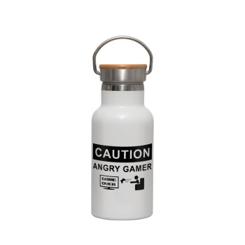 Caution, angry gamer!, Μεταλλικό παγούρι θερμός (Stainless steel) Λευκό με ξύλινο καπακι (bamboo), διπλού τοιχώματος, 350ml