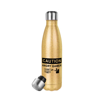 Caution, angry gamer!, Μεταλλικό παγούρι θερμός Glitter χρυσό (Stainless steel), διπλού τοιχώματος, 500ml