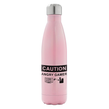 Caution, angry gamer!, Metal mug thermos Pink Iridiscent (Stainless steel), double wall, 500ml