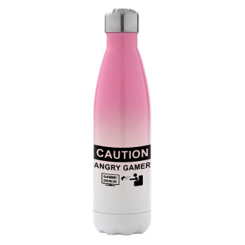 Caution, angry gamer!, Μεταλλικό παγούρι θερμός Ροζ/Λευκό (Stainless steel), διπλού τοιχώματος, 500ml
