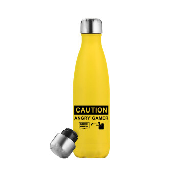 Caution, angry gamer!, Μεταλλικό παγούρι θερμός Κίτρινος (Stainless steel), διπλού τοιχώματος, 500ml