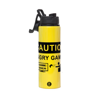 Caution, angry gamer!, Metallic water bottle with safety lid, 850ml aluminum