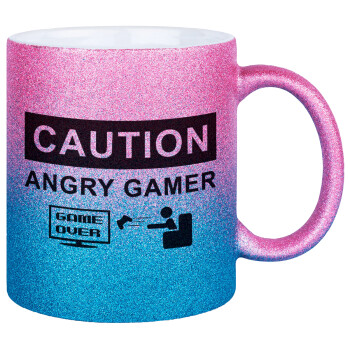 Caution, angry gamer!, Κούπα Χρυσή/Μπλε Glitter, κεραμική, 330ml