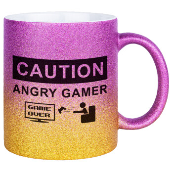 Caution, angry gamer!, Κούπα Χρυσή/Ροζ Glitter, κεραμική, 330ml