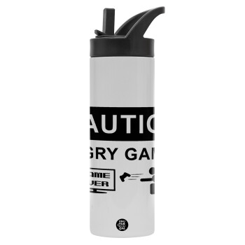 Caution, angry gamer!, Μεταλλικό παγούρι θερμός με καλαμάκι & χειρολαβή, ανοξείδωτο ατσάλι (Stainless steel 304), διπλού τοιχώματος, 600ml