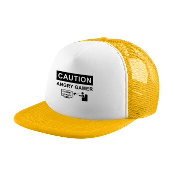 Caution, angry gamer!, Καπέλο Ενηλίκων Soft Trucker με Δίχτυ Κίτρινο/White (POLYESTER, ΕΝΗΛΙΚΩΝ, UNISEX, ONE SIZE)