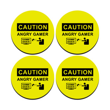 Caution, angry gamer!, SET of 4 round wooden coasters (9cm)