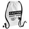 Caution, angry gamer!, Τσάντα πλάτης πουγκί GYMBAG λευκή, με τσέπη (40x48cm) & χονδρά κορδόνια