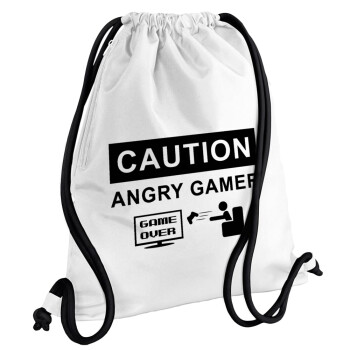 Caution, angry gamer!, Backpack pouch GYMBAG white, with pocket (40x48cm) & thick cords
