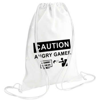 Caution, angry gamer!, Τσάντα πλάτης πουγκί GYMBAG λευκή (28x40cm)