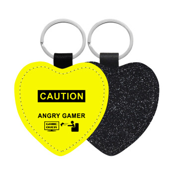 Caution, angry gamer!, Μπρελόκ PU δερμάτινο glitter καρδιά ΜΑΥΡΟ