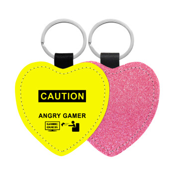 Caution, angry gamer!, Μπρελόκ PU δερμάτινο glitter καρδιά ΡΟΖ