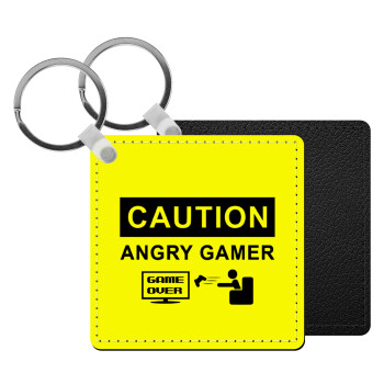 Caution, angry gamer!, Μπρελόκ Δερματίνη, τετράγωνο ΜΑΥΡΟ (5x5cm)