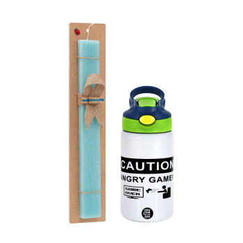 Caution, angry gamer!, Πασχαλινό Σετ, Παιδικό παγούρι θερμό, ανοξείδωτο, με καλαμάκι ασφαλείας, πράσινο/μπλε (350ml) & πασχαλινή λαμπάδα αρωματική πλακέ (30cm) (ΤΙΡΚΟΥΑΖ)
