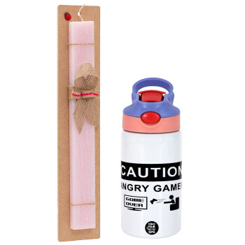 Caution, angry gamer!, Πασχαλινό Σετ, Παιδικό παγούρι θερμό, ανοξείδωτο, με καλαμάκι ασφαλείας, ροζ/μωβ (350ml) & πασχαλινή λαμπάδα αρωματική πλακέ (30cm) (ΡΟΖ)