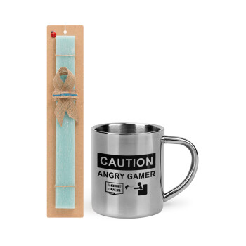 Caution, angry gamer!, Easter Set, metallic thermal cup (300ml) & aromatic flat Easter candle (30cm) (TURQUOISE)