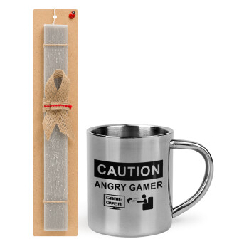 Caution, angry gamer!, Easter Set, metallic thermal cup (300ml) & Easter aromatic flat candle (30cm) (GRAY)