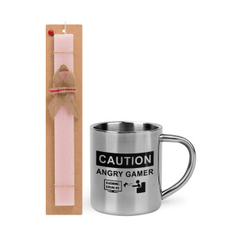 Caution, angry gamer!, Easter Set, metallic thermal cup (300ml) & aromatic flat Easter candle (30cm) (PINK)