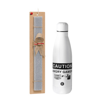 Caution, angry gamer!, Easter Set, metallic stainless thermos bottle (500ml) & scented flat Easter candle (30cm) (GRAY)