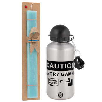 Caution, angry gamer!, Πασχαλινό Σετ, παγούρι μεταλλικό Ασημένιο αλουμινίου (500ml) & πασχαλινή λαμπάδα αρωματική πλακέ (30cm) (ΤΙΡΚΟΥΑΖ)