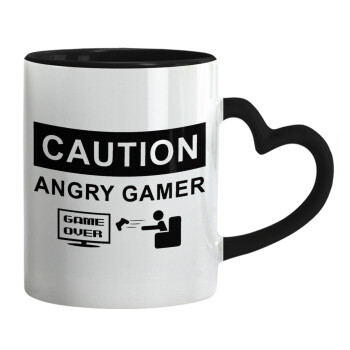 Caution, angry gamer!, Κούπα καρδιά χερούλι μαύρη, κεραμική, 330ml