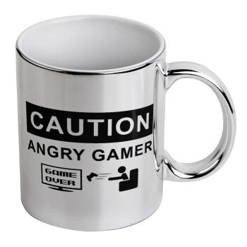 Caution, angry gamer!, Κούπα κεραμική, ασημένια καθρέπτης, 330ml