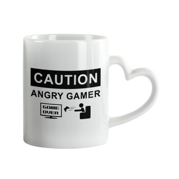 Caution, angry gamer!, Κούπα καρδιά χερούλι λευκή, κεραμική, 330ml