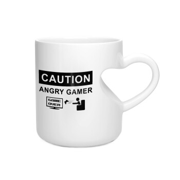 Caution, angry gamer!, Κούπα καρδιά λευκή, κεραμική, 330ml