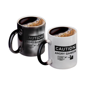 Caution, angry gamer!, Color changing magic Mug, ceramic, 330ml when adding hot liquid inside, the black colour desappears (1 pcs)