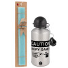 Easter Set, metallic silver aluminum water bottle (500ml) & scented flat Easter candle (30cm) (TURQUOISE)