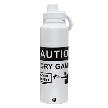 Caution, angry gamer!, 1L Stainless Steel Thermal Bottle with Phone Holder & Double Wall Insulation