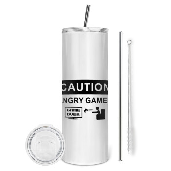 Caution, angry gamer!, Eco friendly stainless steel tumbler 600ml, with metal straw & cleaning brush