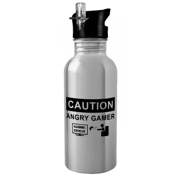 Caution — Παγούρι νερού Ασημένιο με καλαμάκι, ανοξείδωτο ατσάλι 600ml