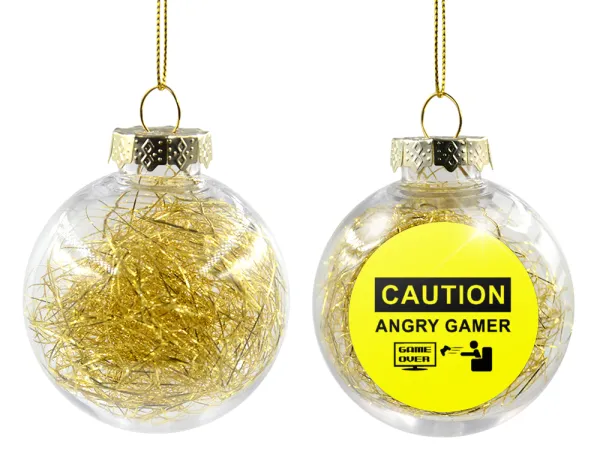 Caution — Transparent Christmas tree ball ornament with gold filling 8cm