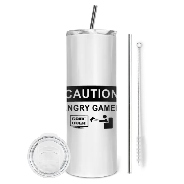 Caution — Tumbler stainless steel 600ml, with metal straw & cleaning brush