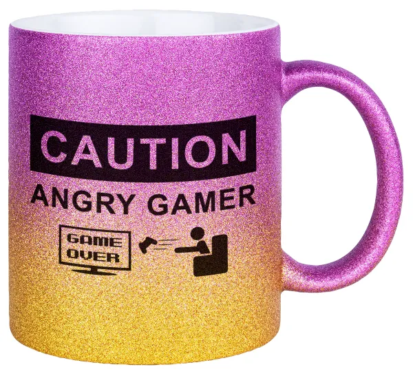 Caution — Gold/pink glitter mug, ceramic, 330ml