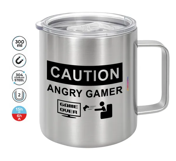 Caution — Double-walled stainless steel mug 300ml with temperature-retaining lid