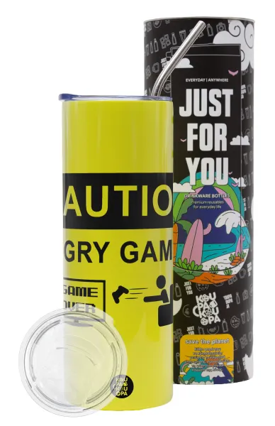 Caution — Neon Yellow Travel Tumbler, with metal straw (Stainless steel 304 Food grade, BPA free, 600ml)