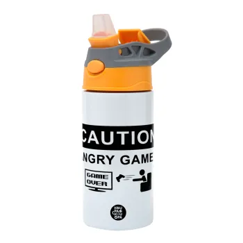 Caution, angry gamer!, Children's hot water bottle, stainless steel, with safety straw, Orange/Grey (360ml) BPA-FREE