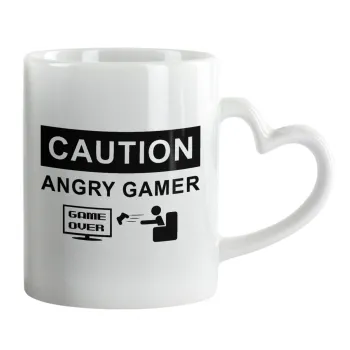 Caution, angry gamer!, Κούπα καρδιά χερούλι λευκή, κεραμική, 330ml