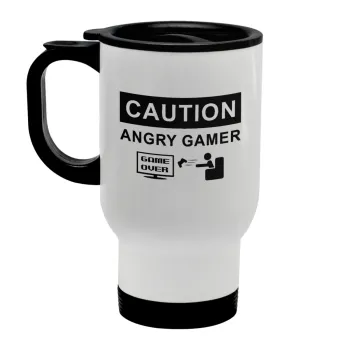 Caution, angry gamer!, Stainless steel travel mug with lid, double wall white 450ml