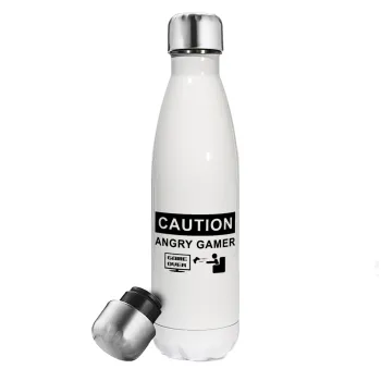 Caution, angry gamer!, Μεταλλικό παγούρι θερμός Λευκό (Stainless steel), διπλού τοιχώματος, 500ml