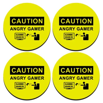Caution, angry gamer!, SET of 4 round wooden coasters (9cm)