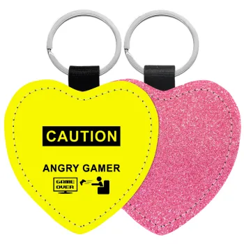 Caution, angry gamer!, Μπρελόκ PU δερμάτινο glitter καρδιά ΡΟΖ