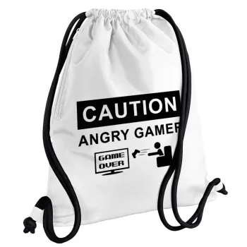 Caution, angry gamer!, Backpack pouch GYMBAG white, with pocket (40x48cm) & thick cords