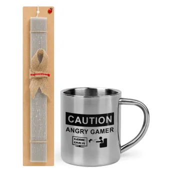 Caution, angry gamer!, Easter Set, metallic thermal cup (300ml) & Easter aromatic flat candle (30cm) (GRAY)