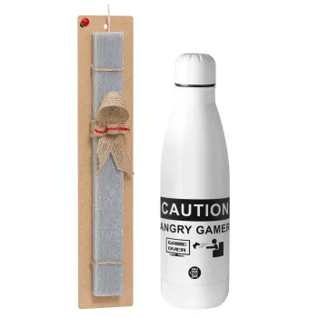 Caution, angry gamer!, Easter Set, metallic stainless thermos bottle (500ml) & scented flat Easter candle (30cm) (GRAY)