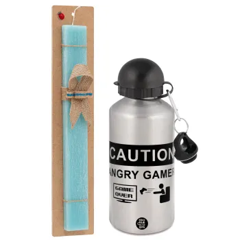 Caution, angry gamer!, Easter Set, metallic silver aluminum water bottle (500ml) & scented flat Easter candle (30cm) (TURQUOISE)